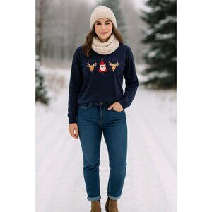 Vintage MC Sportswear Christmas Reindeer Santa TShirt M Navy Embroidered Festive